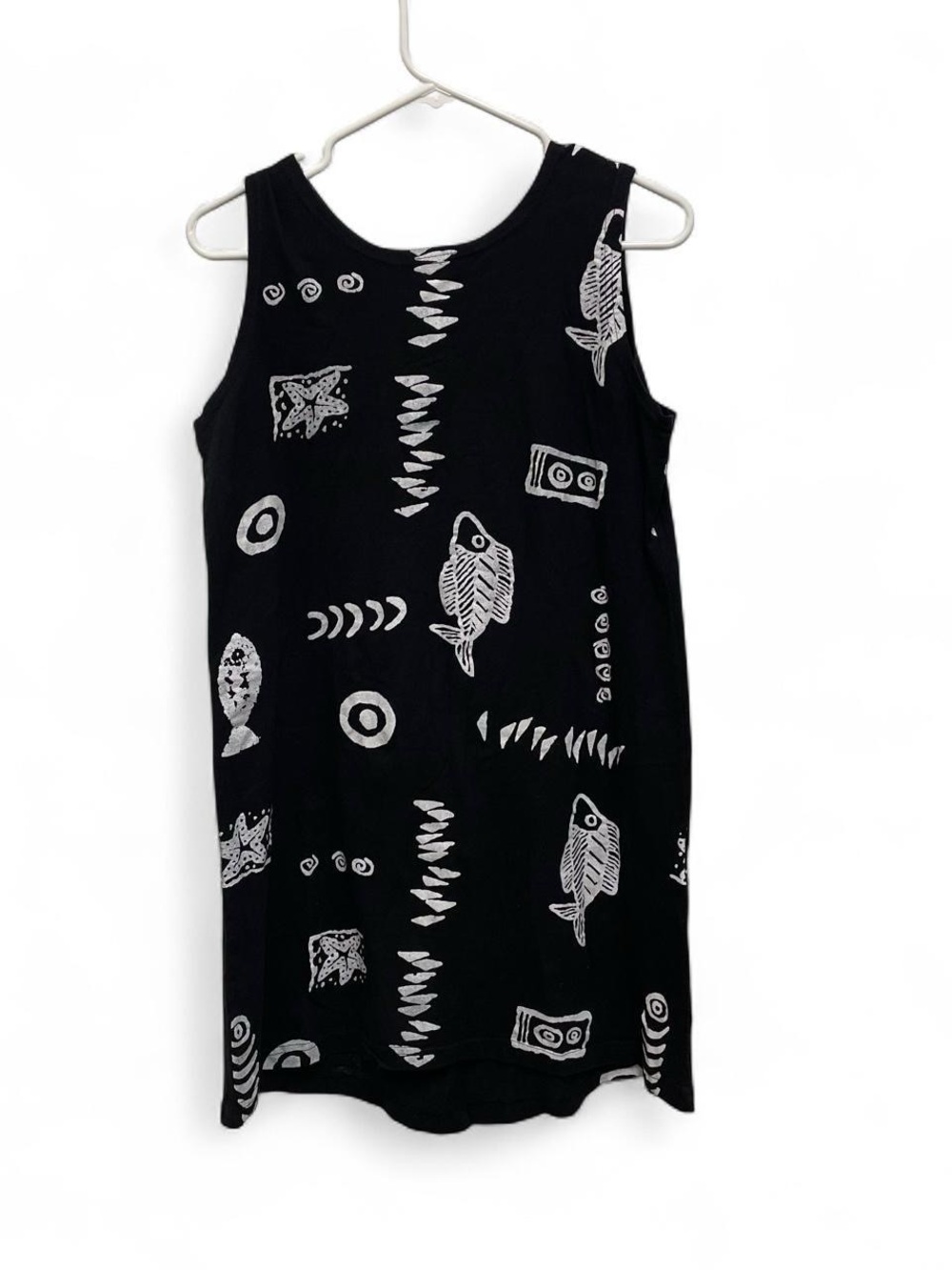 Y2K Style Black Sleeveless Mini Dress with White Fish Print Size S 100% Cotton